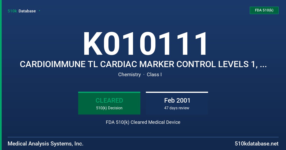 K010111 CARDIOIMMUNE TL CARDIAC MARKER CONTROL LEVELS 1, 2, 3, AND MULTI-PACK FDA 510(k) Cleared Medical Device