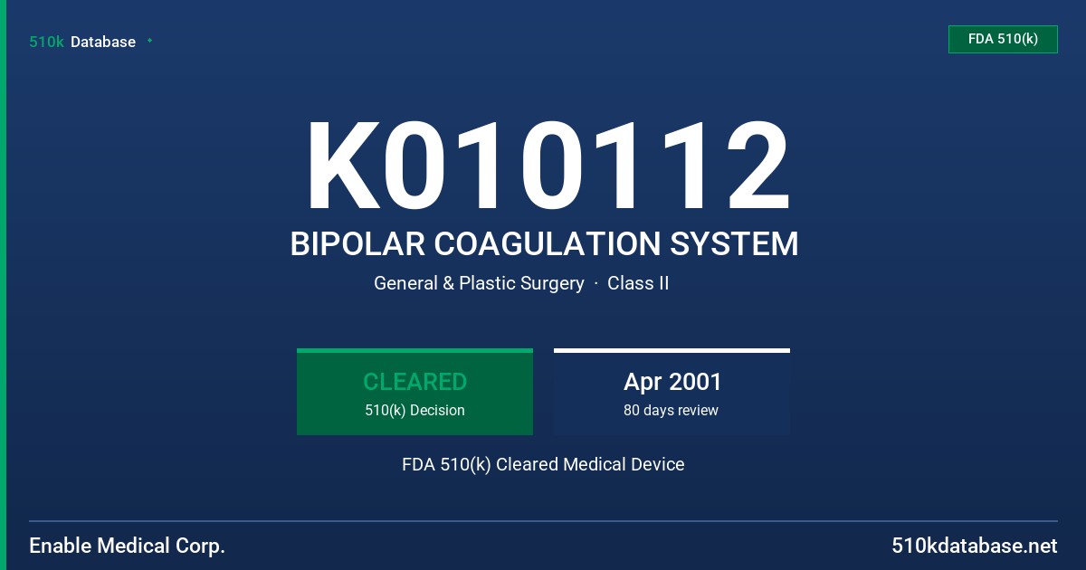K010112 BIPOLAR COAGULATION SYSTEM FDA 510(k) Cleared Medical Device