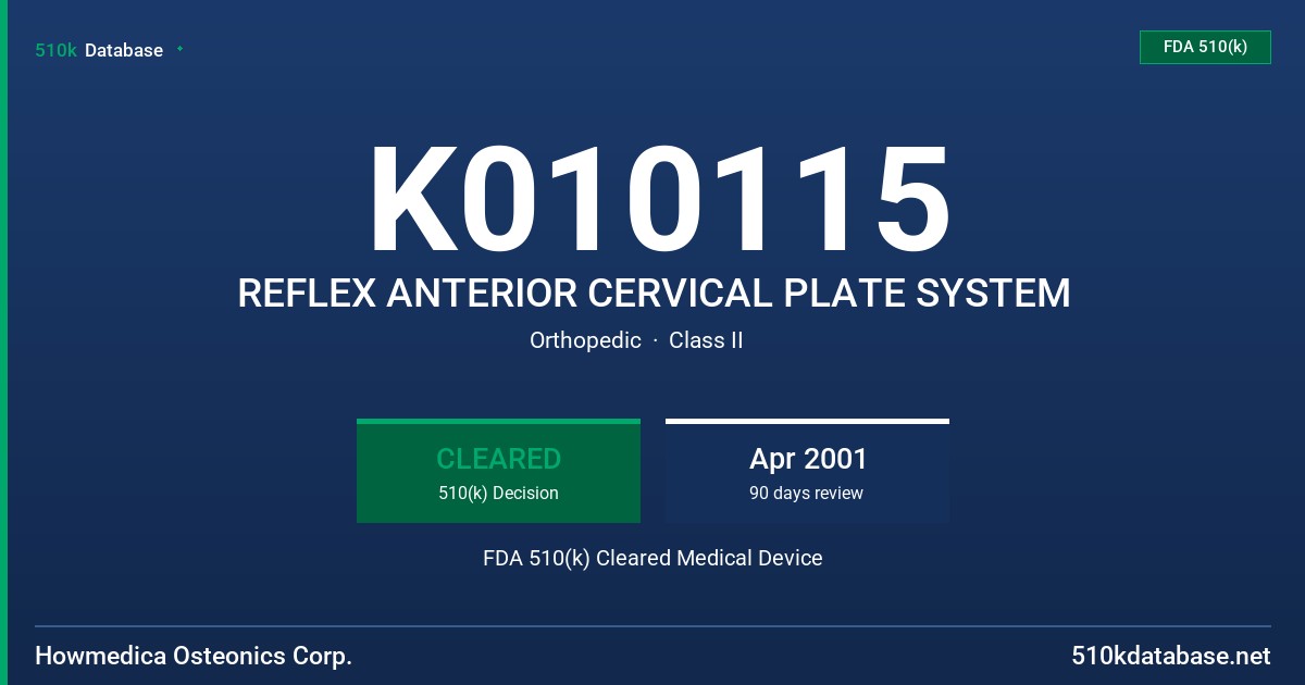 K010115 REFLEX ANTERIOR CERVICAL PLATE SYSTEM FDA 510(k) Cleared Medical Device