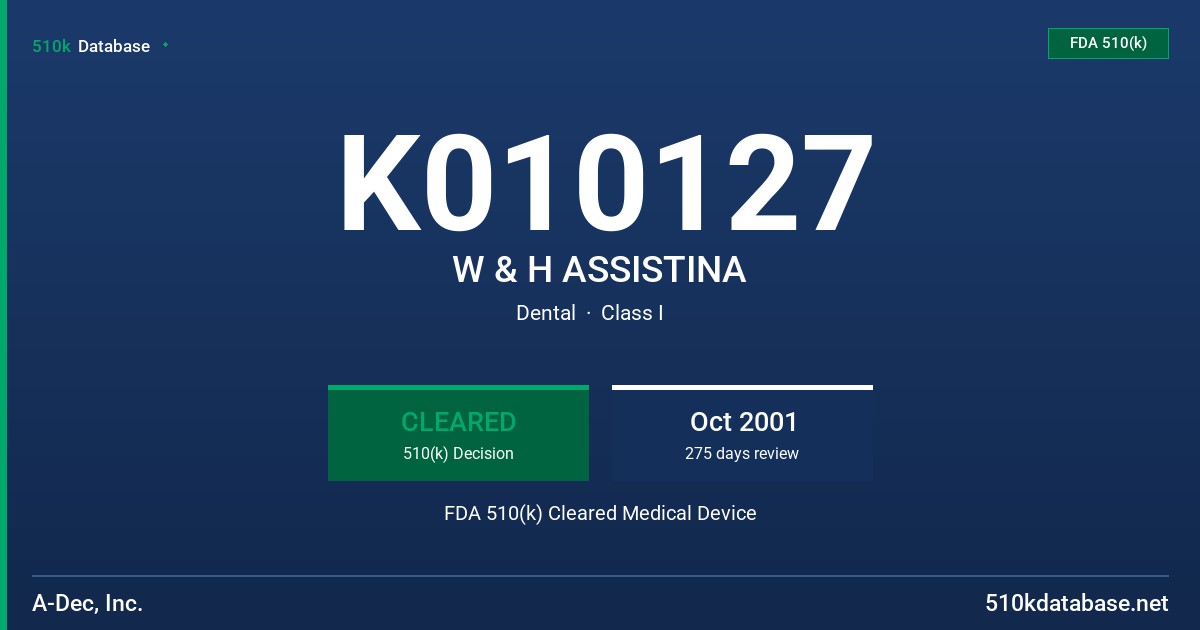 K010127 W & H ASSISTINA FDA 510(k) Cleared Medical Device