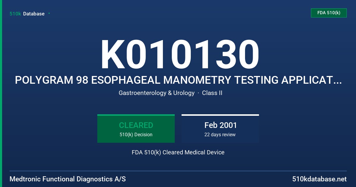 K010130 POLYGRAM 98 ESOPHAGEAL MANOMETRY TESTING APPLICATION, MODEL 9043S0103 FDA 510(k) Cleared Medical Device