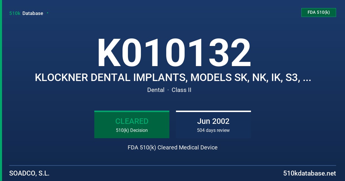 K010132 KLOCKNER DENTAL IMPLANTS, MODELS SK, NK, IK, S3, AND S4 FDA 510(k) Cleared Medical Device
