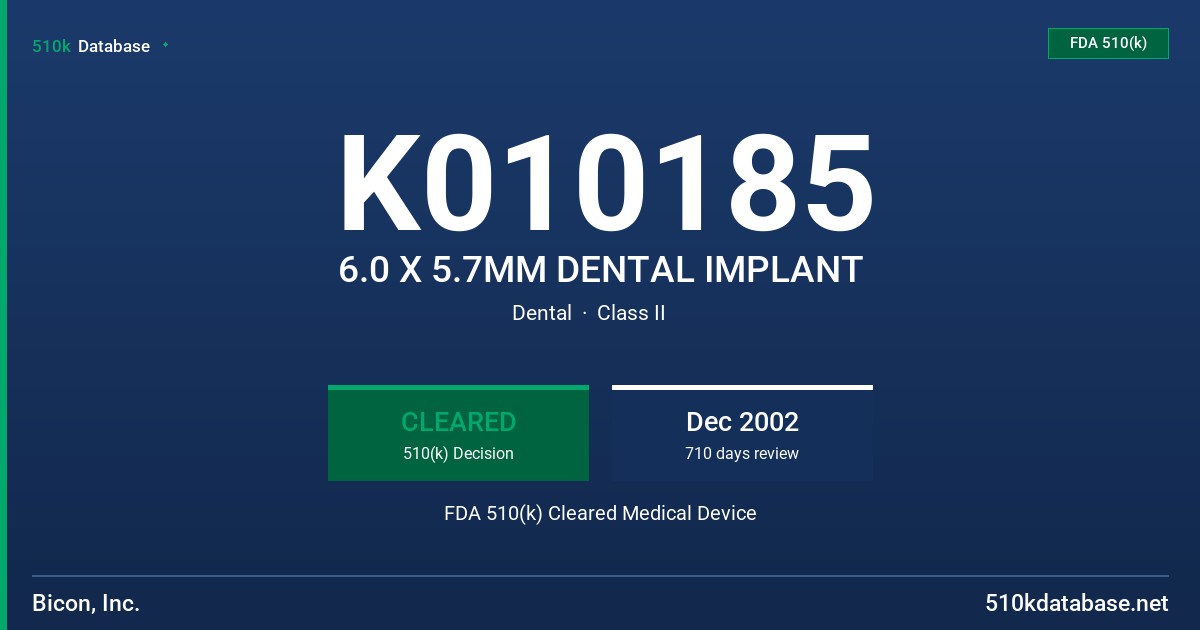 K010185 6.0 X 5.7MM DENTAL IMPLANT FDA 510(k) Cleared Medical Device