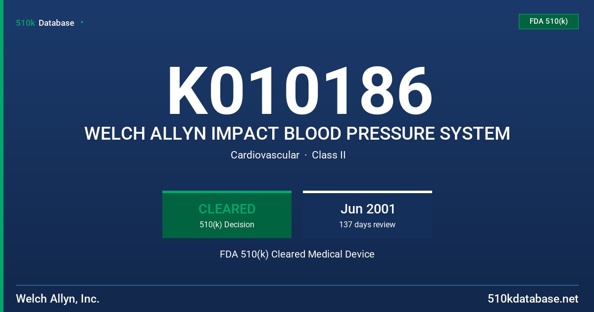 K010186 WELCH ALLYN IMPACT BLOOD PRESSURE SYSTEM FDA 510(k) Cleared Medical Device