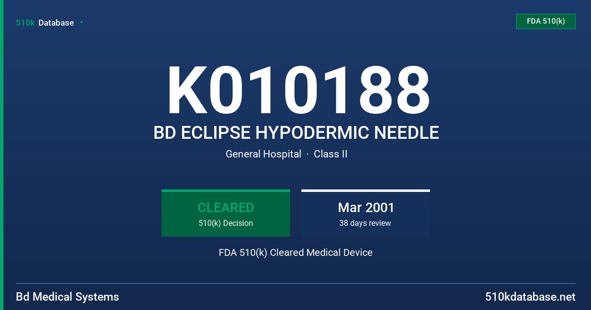 K010188 BD ECLIPSE HYPODERMIC NEEDLE FDA 510(k) Cleared Medical Device
