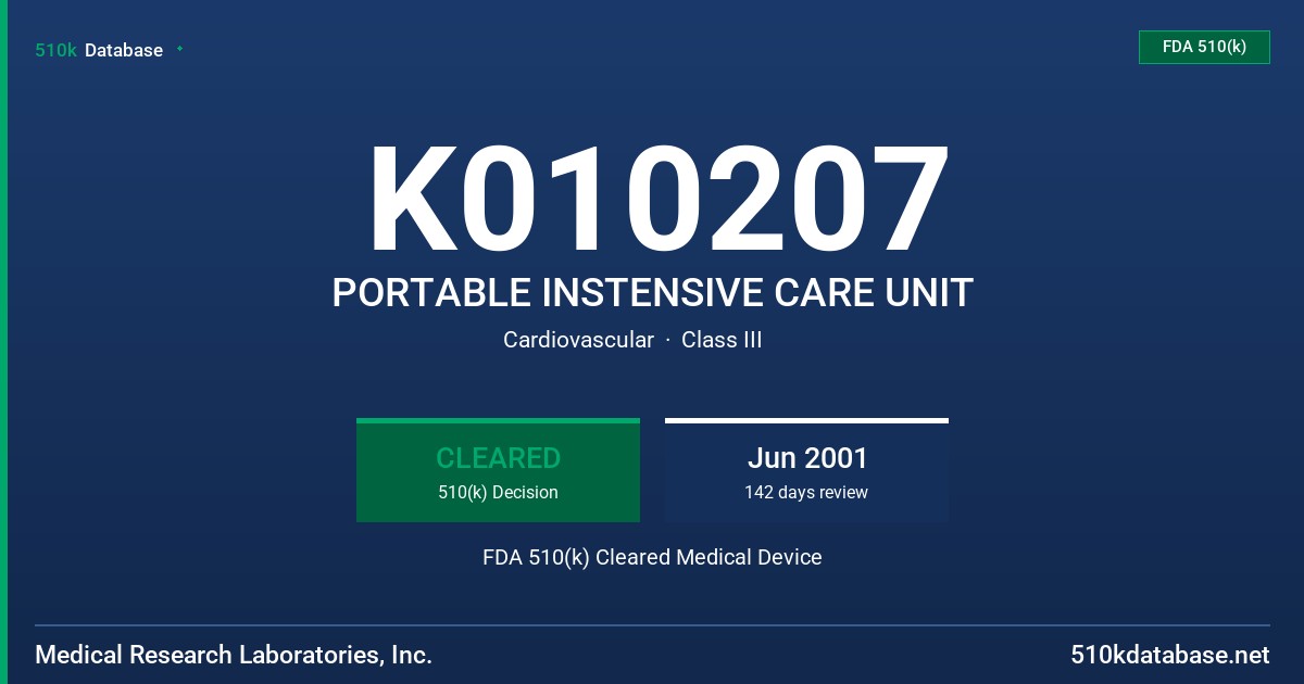 K010207 PORTABLE INSTENSIVE CARE UNIT FDA 510(k) Cleared Medical Device