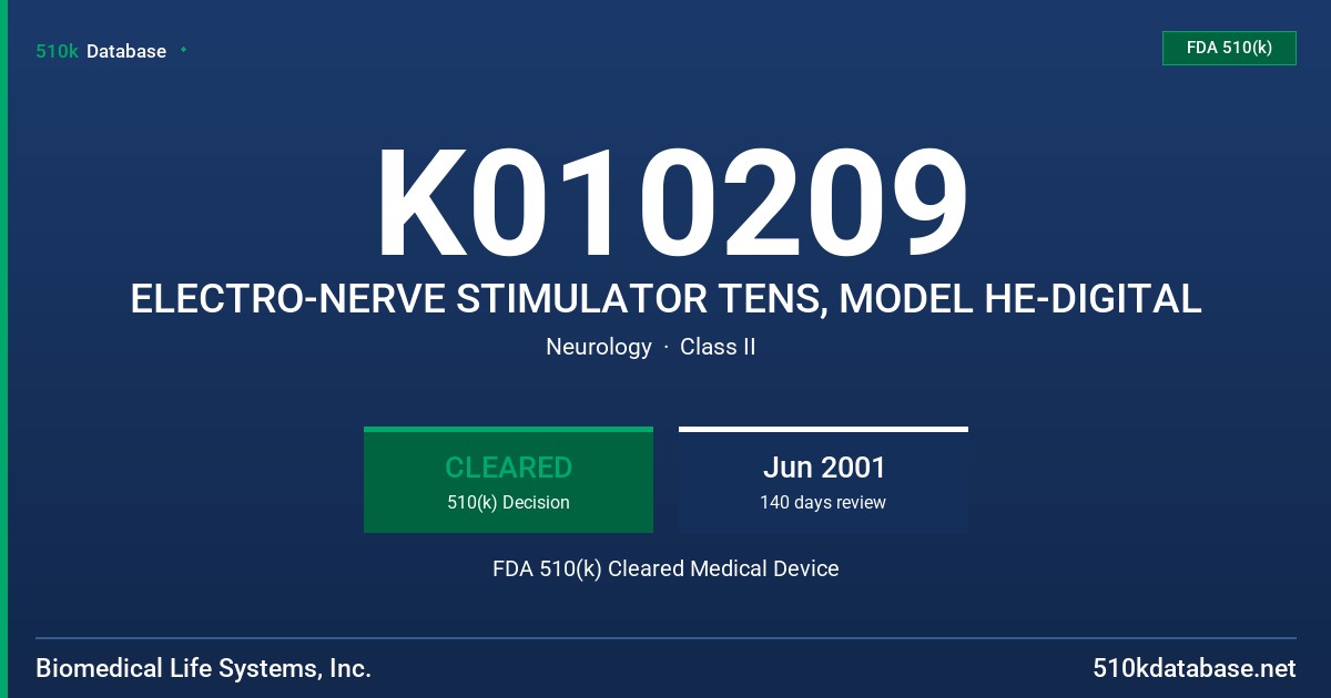 K010209 ELECTRO-NERVE STIMULATOR TENS, MODEL HE-DIGITAL FDA 510(k) Cleared Medical Device