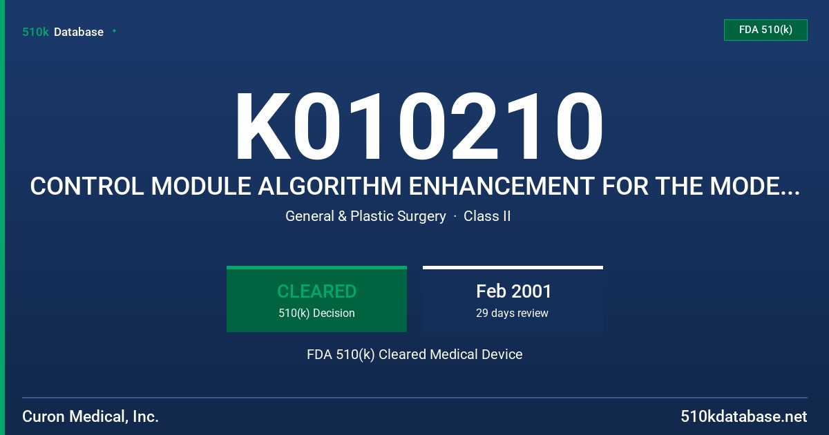K010210 CONTROL MODULE ALGORITHM ENHANCEMENT FOR THE MODEL S500-ST AND MODEL S400 FDA 510(k) Cleared Medical Device
