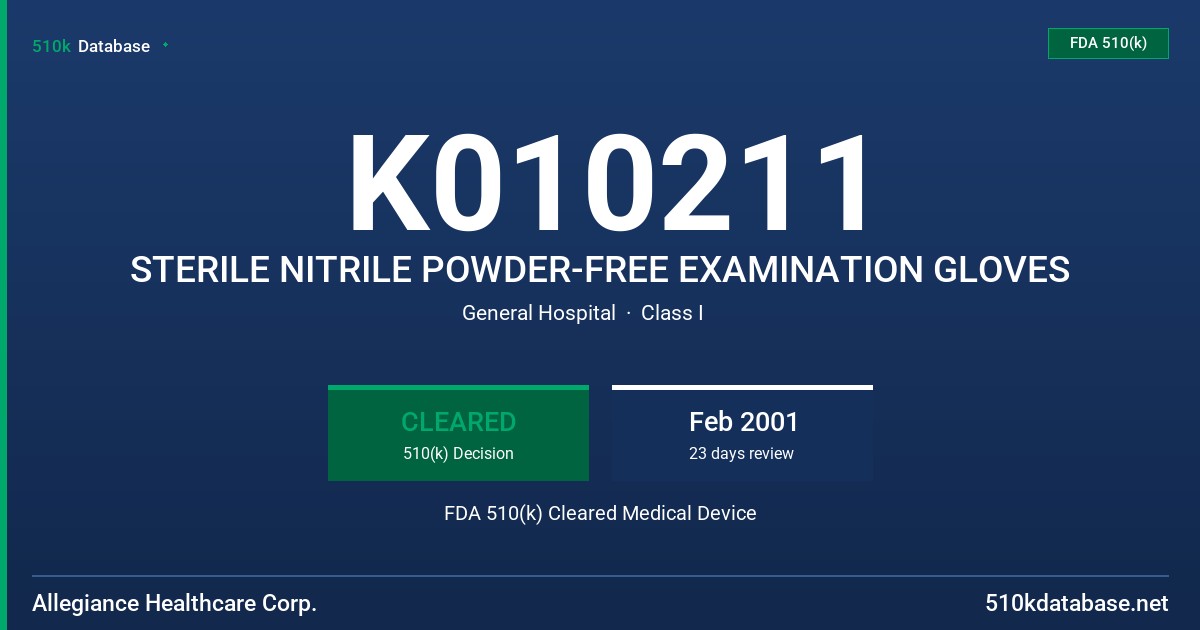 K010211 STERILE NITRILE POWDER-FREE EXAMINATION GLOVES FDA 510(k) Cleared Medical Device