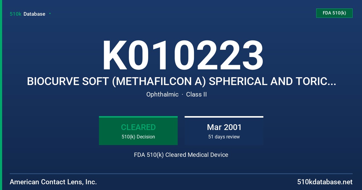 K010223 BIOCURVE SOFT (METHAFILCON A) SPHERICAL AND TORIC SOFT CONTACT LENS FOR DAILY WEAR (CLEAR, LATHE-CUT) FDA 510(k) Cleared Medical Device