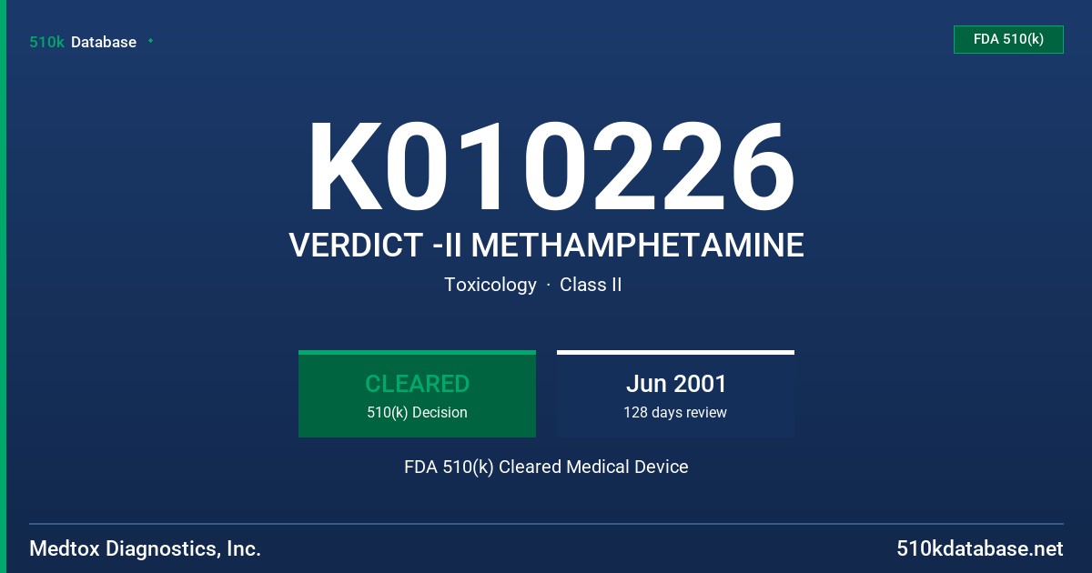 K010226 VERDICT -II METHAMPHETAMINE FDA 510(k) Cleared Medical Device