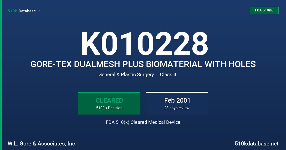 K010228 GORE-TEX DUALMESH PLUS BIOMATERIAL WITH HOLES FDA 510(k) Cleared Medical Device