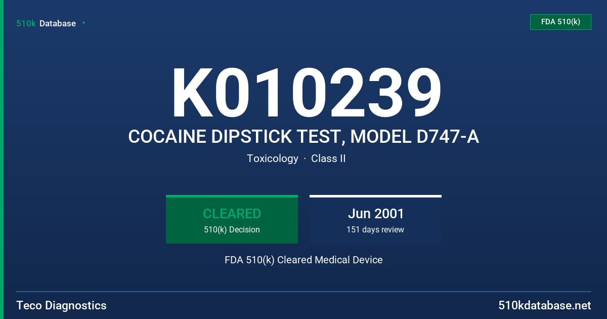 K010239 COCAINE DIPSTICK TEST, MODEL D747-A FDA 510(k) Cleared Medical Device