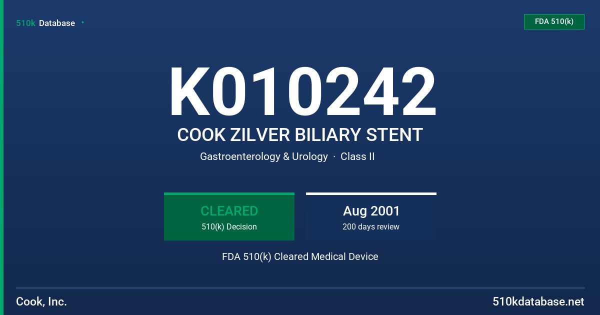 K010242 COOK ZILVER BILIARY STENT FDA 510(k) Cleared Medical Device