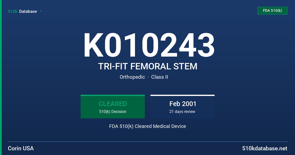 K010243 TRI-FIT FEMORAL STEM FDA 510(k) Cleared Medical Device