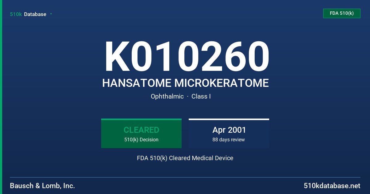 K010260 HANSATOME MICROKERATOME FDA 510(k) Cleared Medical Device