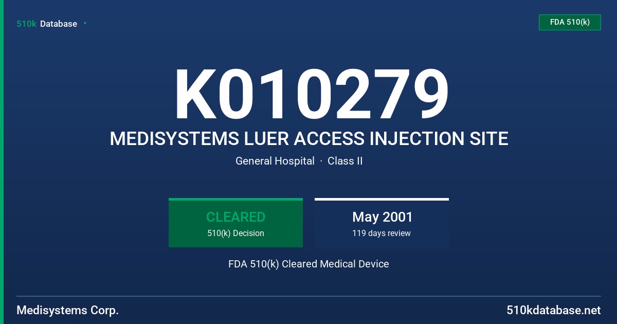 K010279 MEDISYSTEMS LUER ACCESS INJECTION SITE FDA 510(k) Cleared Medical Device