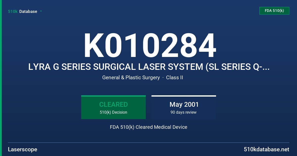 K010284 LYRA G SERIES SURGICAL LASER SYSTEM (SL SERIES Q-SWITCHED ND:YAG CONFIGURATION) FDA 510(k) Cleared Medical Device