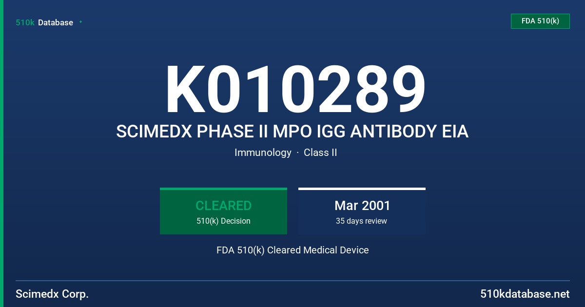 K010289 SCIMEDX PHASE II MPO IGG ANTIBODY EIA FDA 510(k) Cleared Medical Device