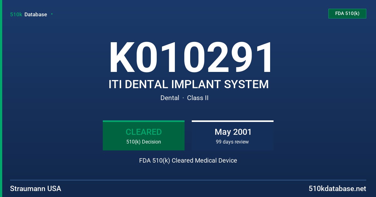 K010291 ITI DENTAL IMPLANT SYSTEM FDA 510(k) Cleared Medical Device