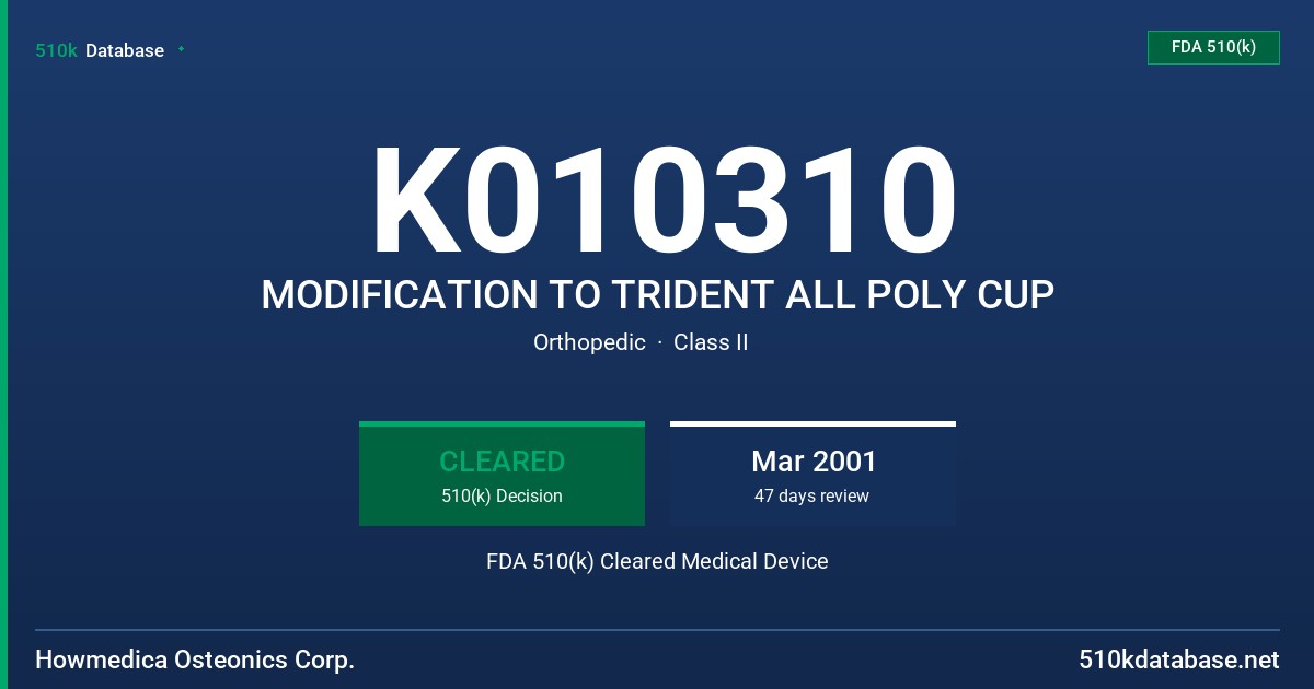 K010310 MODIFICATION TO TRIDENT ALL POLY CUP FDA 510(k) Cleared Medical Device