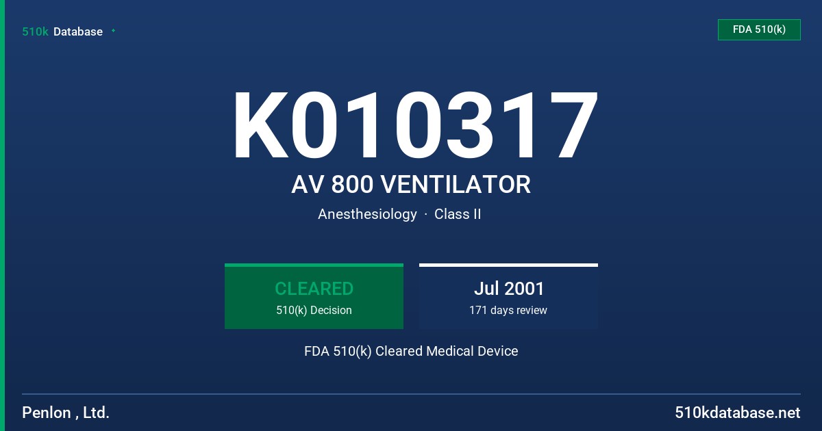 K010317 AV 800 VENTILATOR FDA 510(k) Cleared Medical Device