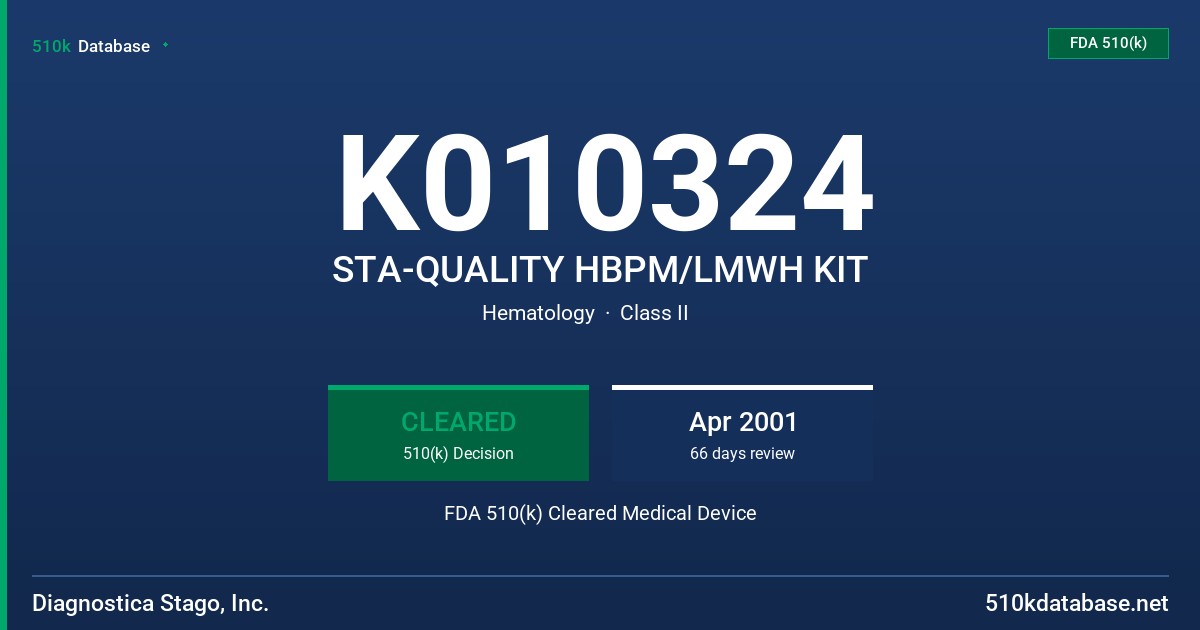 K010324 STA-QUALITY HBPM/LMWH KIT FDA 510(k) Cleared Medical Device