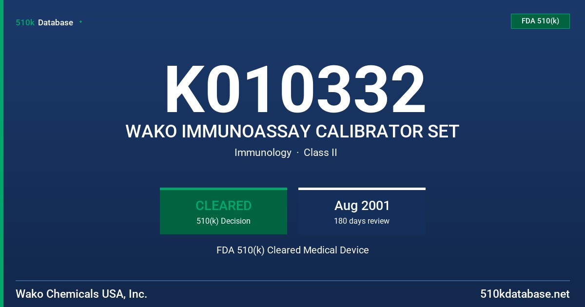 K010332 WAKO IMMUNOASSAY CALIBRATOR SET FDA 510(k) Cleared Medical Device