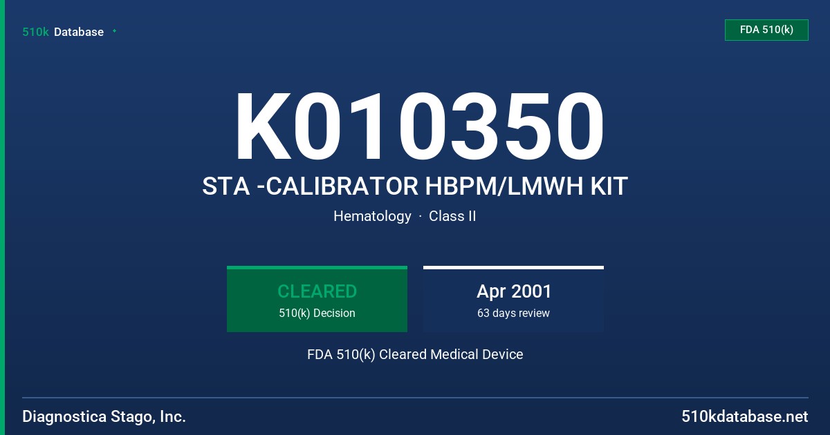 K010350 STA -CALIBRATOR HBPM/LMWH KIT FDA 510(k) Cleared Medical Device
