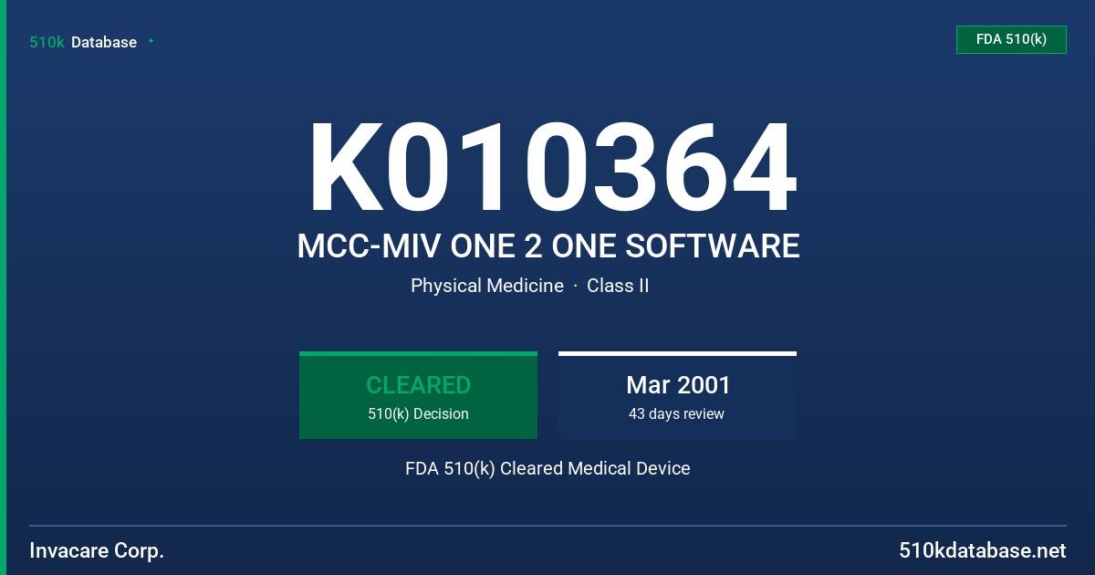 K010364 MCC-MIV ONE 2 ONE SOFTWARE FDA 510(k) Cleared Medical Device