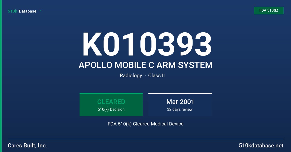 K010393 APOLLO MOBILE C ARM SYSTEM FDA 510(k) Cleared Medical Device