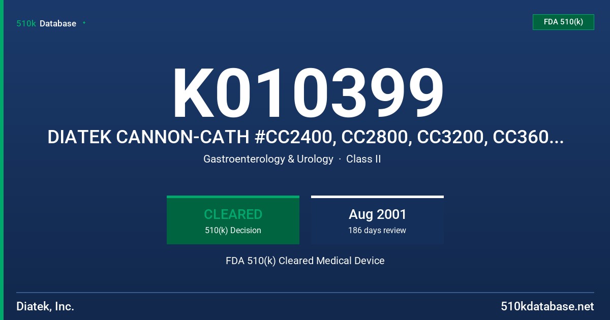 K010399 DIATEK CANNON-CATH #CC2400, CC2800, CC3200, CC3600,CC5500. CC2400PC, CC2800PC, CC3200PC(32 CM), CC3200PC(36 CM) FDA 510(k) Cleared Medical Device