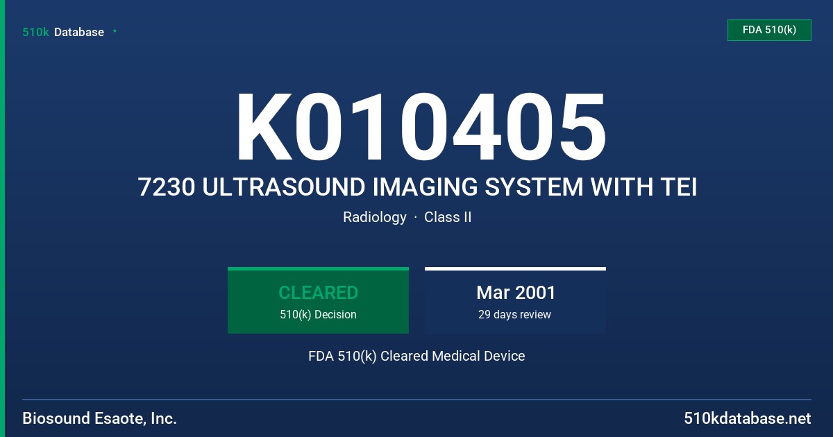 K010405 7230 ULTRASOUND IMAGING SYSTEM WITH TEI FDA 510(k) Cleared Medical Device