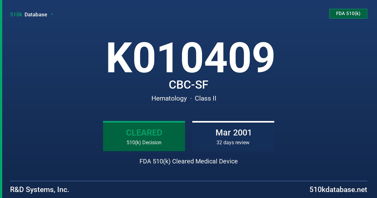 K010409 CBC-SF FDA 510(k) Cleared Medical Device