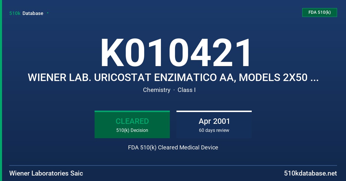K010421 WIENER LAB. URICOSTAT ENZIMATICO AA, MODELS 2X50 ML CATALOGUE NO 1840106 AND 4X50 ML CATALOGUE NO 1840105 FDA 510(k) Cleared Medical Device