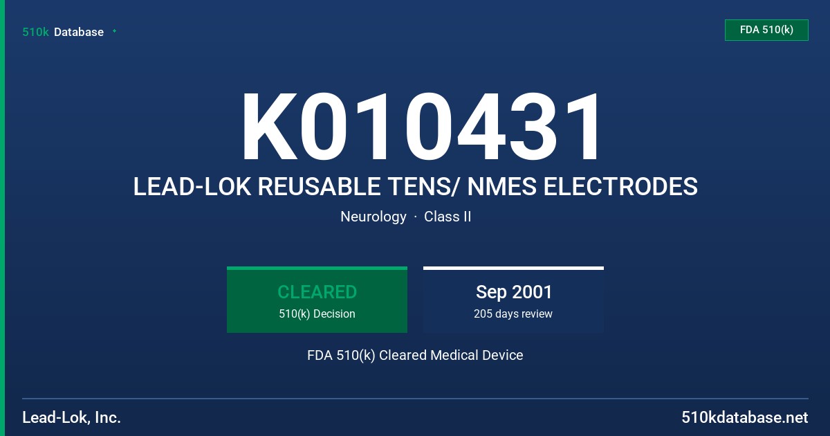 K010431 LEAD-LOK REUSABLE TENS/ NMES ELECTRODES FDA 510(k) Cleared Medical Device