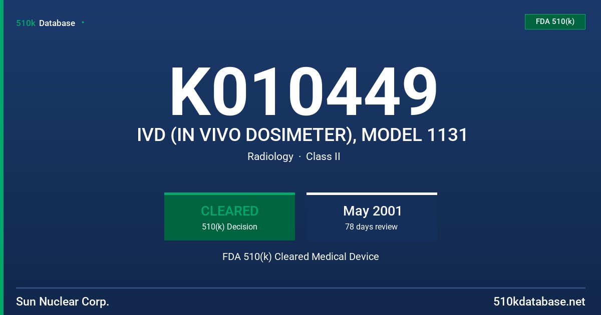 K010449 IVD (IN VIVO DOSIMETER), MODEL 1131 FDA 510(k) Cleared Medical Device