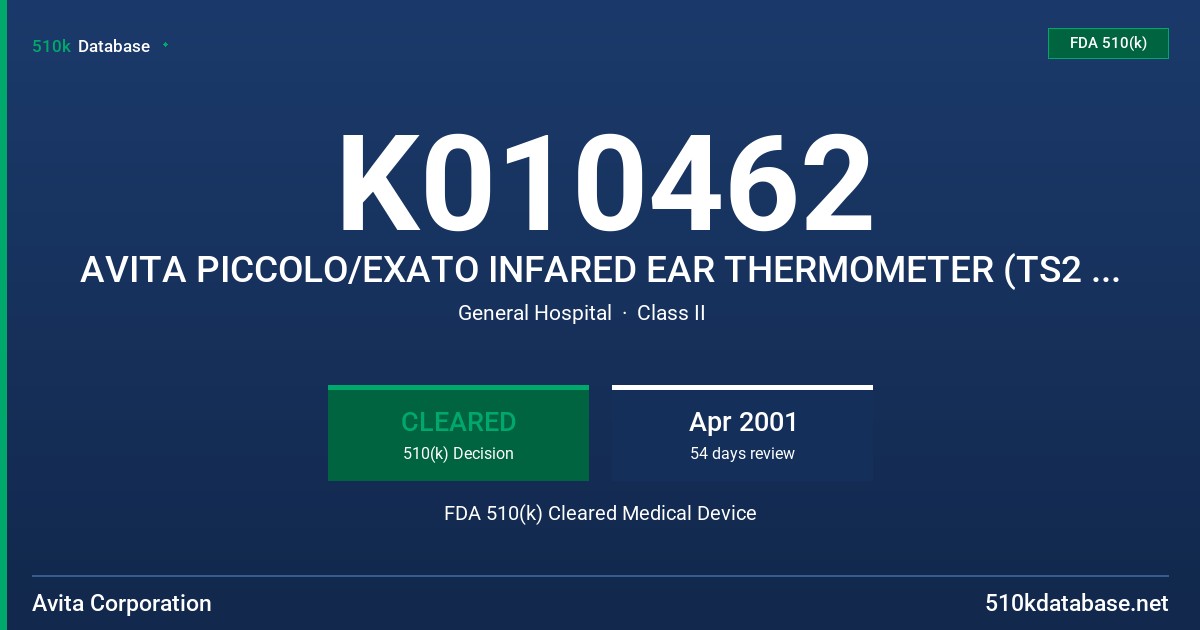 K010462 AVITA PICCOLO/EXATO INFARED EAR THERMOMETER (TS2 & TS4 SERIES) FDA 510(k) Cleared Medical Device