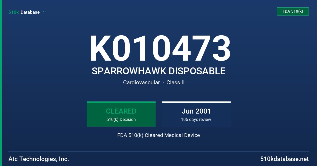 K010473 SPARROWHAWK DISPOSABLE FDA 510(k) Cleared Medical Device