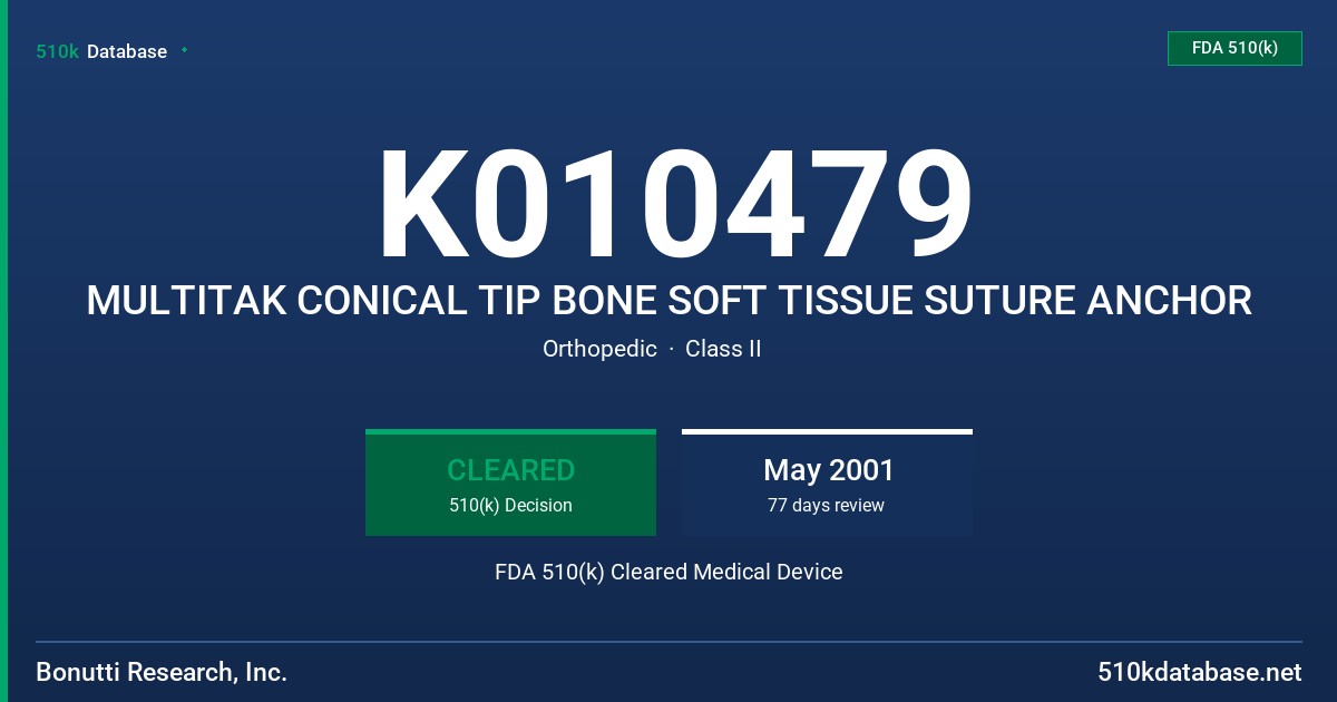 K010479 MULTITAK CONICAL TIP BONE SOFT TISSUE SUTURE ANCHOR FDA 510(k) Cleared Medical Device
