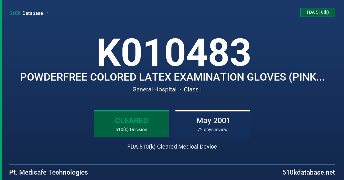 K010483 POWDERFREE COLORED LATEX EXAMINATION GLOVES (PINK, BLUE, GREEN, AND WHITE) WITH PROTEIN CONTENT LABELING CLAIM (50 MICR0 FDA 510(k) Cleared Medical Device