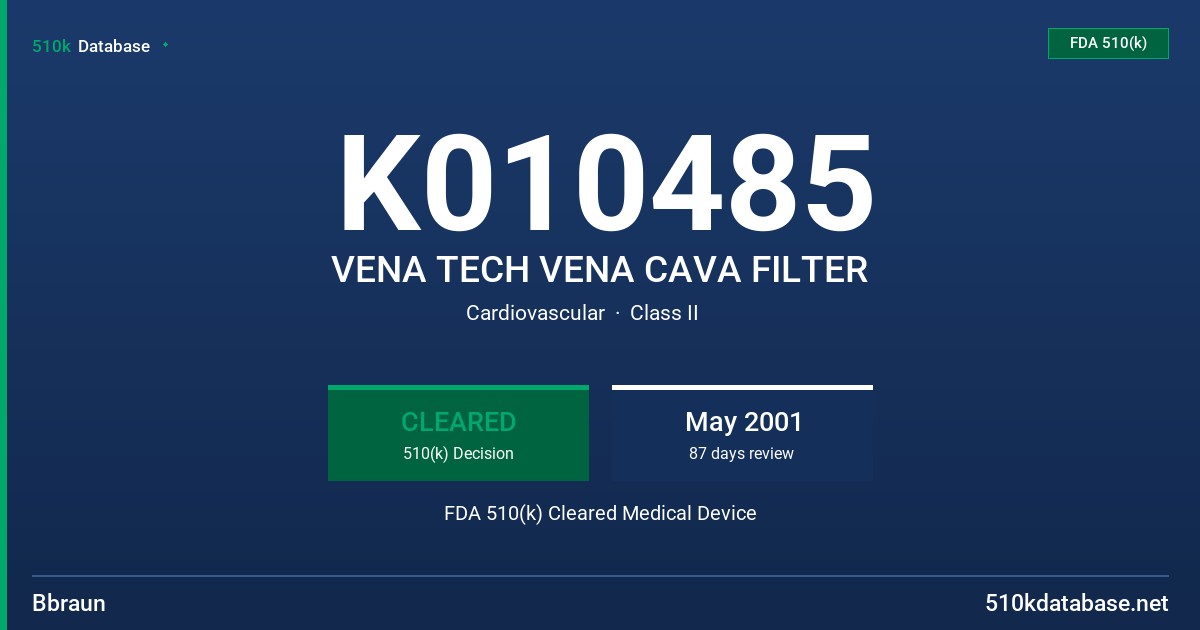 K010485 VENA TECH VENA CAVA FILTER FDA 510(k) Cleared Medical Device