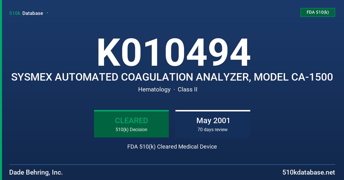 K010494 SYSMEX AUTOMATED COAGULATION ANALYZER, MODEL CA-1500 FDA 510(k) Cleared Medical Device