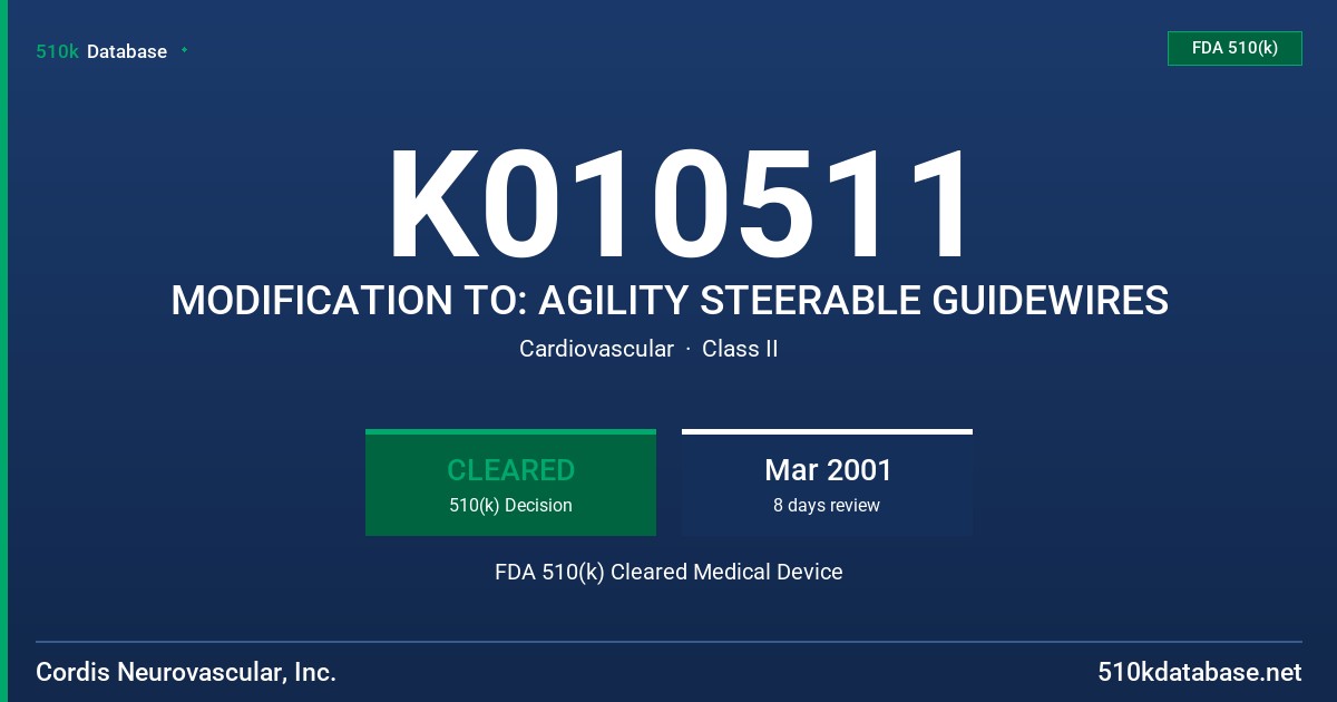 K010511 MODIFICATION TO: AGILITY STEERABLE GUIDEWIRES FDA 510(k) Cleared Medical Device