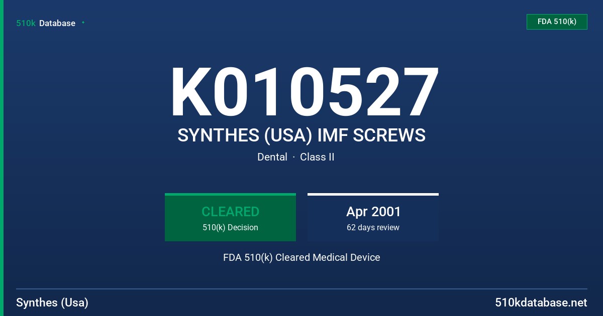 K010527 SYNTHES (USA) IMF SCREWS FDA 510(k) Cleared Medical Device