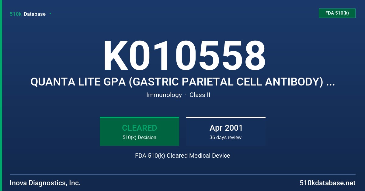 K010558 QUANTA LITE GPA (GASTRIC PARIETAL CELL ANTIBODY) ELISA FDA 510(k) Cleared Medical Device