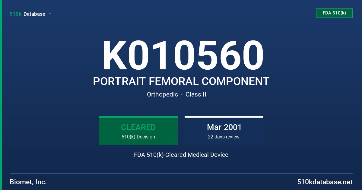 K010560 PORTRAIT FEMORAL COMPONENT FDA 510(k) Cleared Medical Device