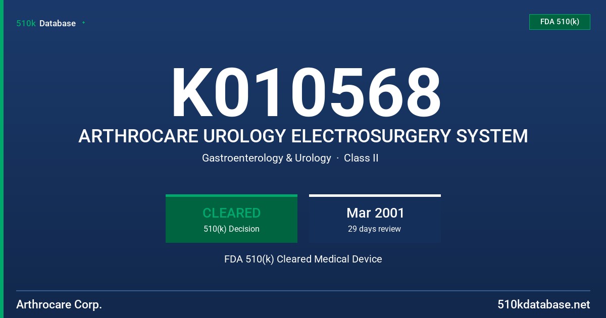 K010568 ARTHROCARE UROLOGY ELECTROSURGERY SYSTEM FDA 510(k) Cleared Medical Device