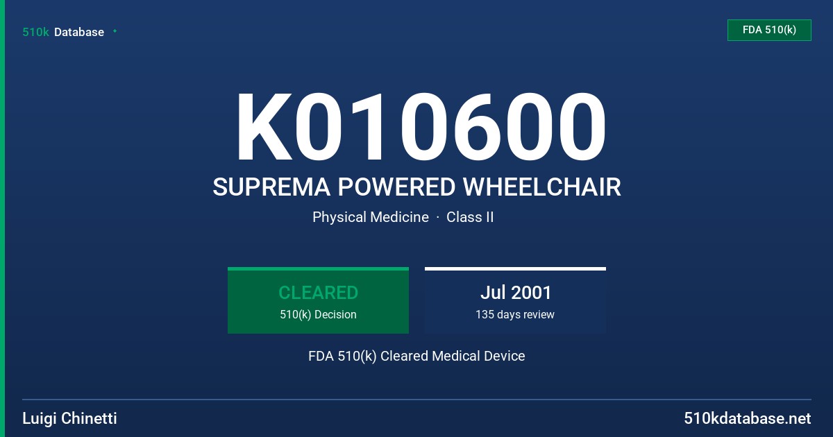 K010600 SUPREMA POWERED WHEELCHAIR FDA 510(k) Cleared Medical Device