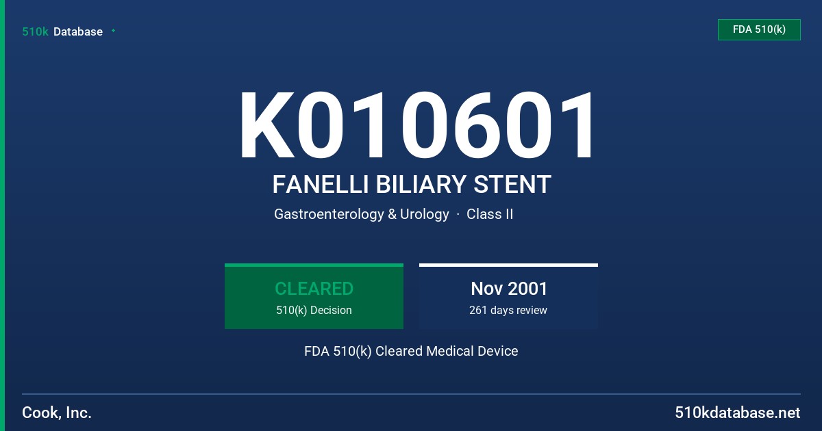 K010601 FANELLI BILIARY STENT FDA 510(k) Cleared Medical Device